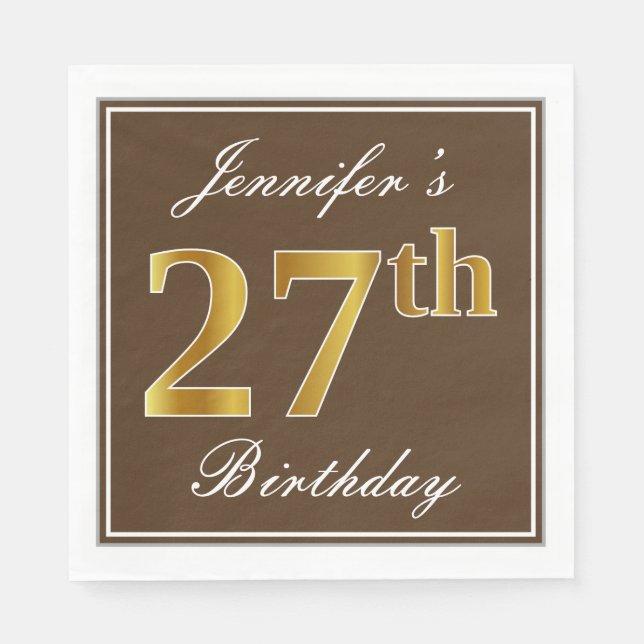 Servilleta De Papel Elegante Brown, Faux Gold 27th Birthday + Name (Anverso)