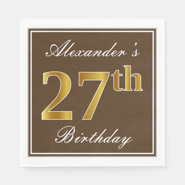 Servilleta De Papel Elegante Brown, Faux Gold 27th Birthday + Name (Anverso)