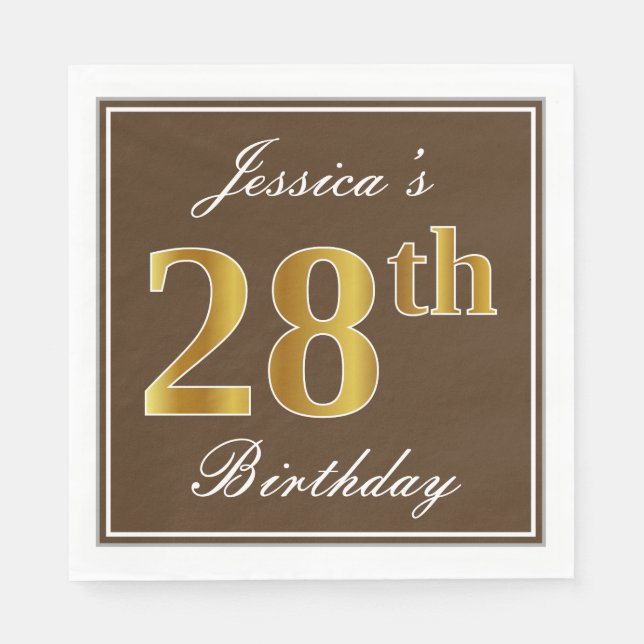 Servilleta De Papel Elegante Brown, Faux Gold 28th Birthday + Nombre (Anverso)