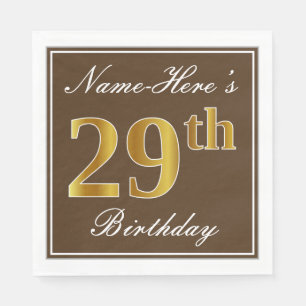 Servilleta De Papel Elegante Brown, Faux Gold 29th Birthday + Name
