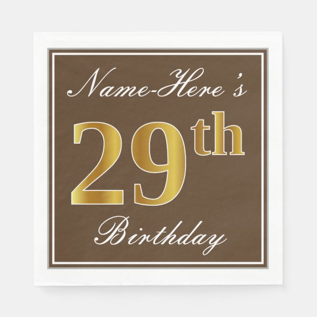 Servilleta De Papel Elegante Brown, Faux Gold 29th Birthday + Name (Anverso)