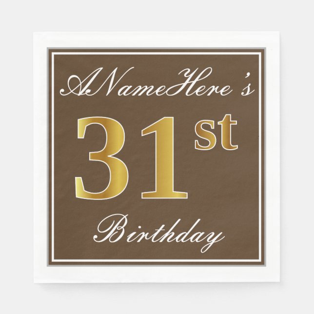 Servilleta De Papel Elegante Brown, Faux Gold 31st Birthday + Nombre (Anverso)