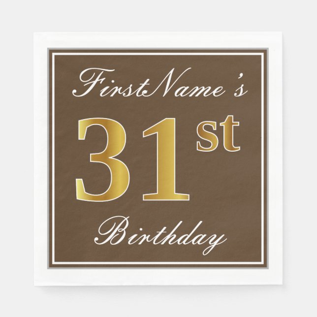 Servilleta De Papel Elegante Brown, Faux Gold 31st Birthday + Nombre (Anverso)