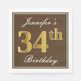 Servilleta De Papel Elegante Brown, Faux Gold 34th Birthday + Nombre