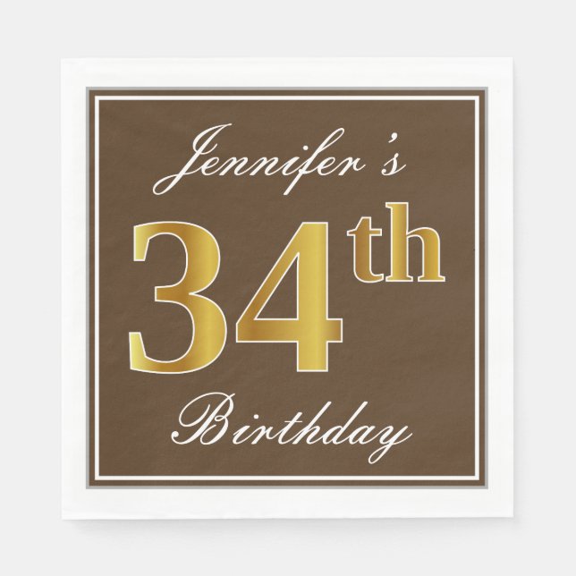 Servilleta De Papel Elegante Brown, Faux Gold 34th Birthday + Nombre (Anverso)