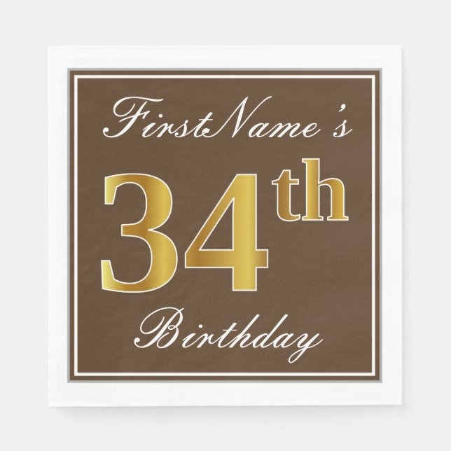 Servilleta De Papel Elegante Brown, Faux Gold 34th Birthday + Nombre (Anverso)
