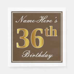 Servilleta De Papel Elegante Brown, Faux Gold 36th Birthday + Name