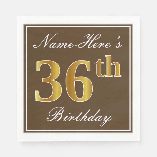 Servilleta De Papel Elegante Brown, Faux Gold 36th Birthday + Name (Anverso)