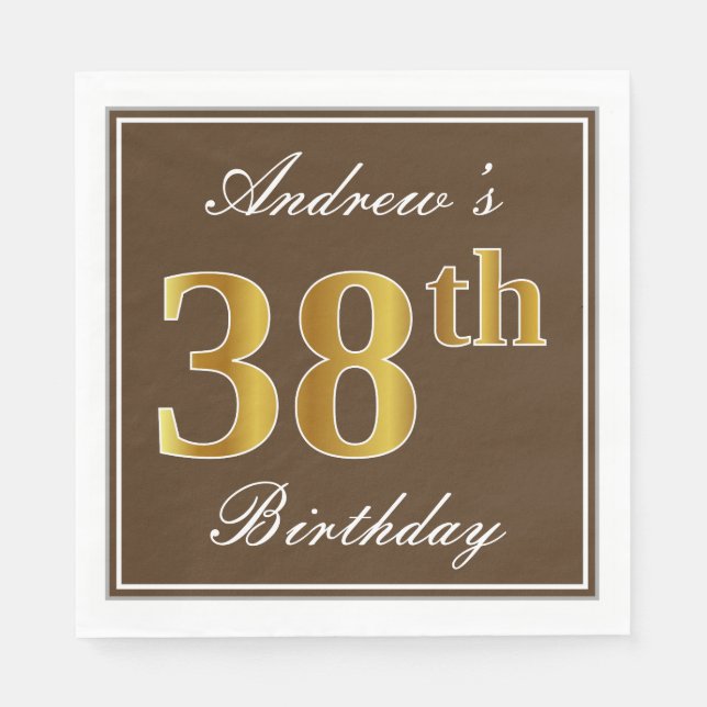Servilleta De Papel Elegante Brown, Faux Gold 38th Birthday + Name (Anverso)