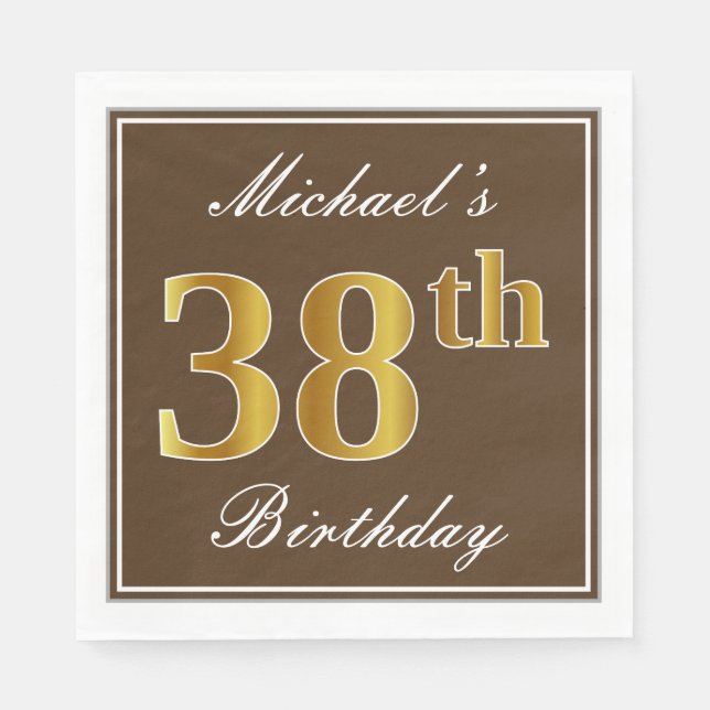 Servilleta De Papel Elegante Brown, Faux Gold 38th Birthday + Name (Anverso)