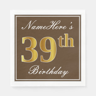 Servilleta De Papel Elegante Brown, Faux Gold 39th Birthday + Name