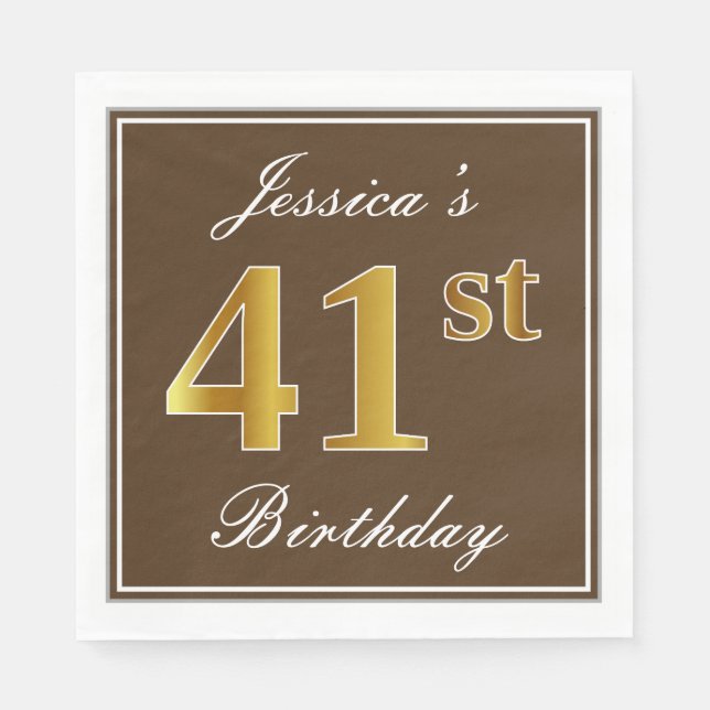 Servilleta De Papel Elegante Brown, Faux Gold 41st Birthday + Nombre (Anverso)