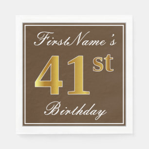 Servilleta De Papel Elegante Brown, Faux Gold 41st Birthday + Nombre