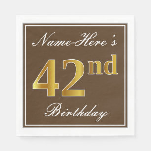 Servilleta De Papel Elegante Brown, Faux Gold 42nd Birthday + Nombre