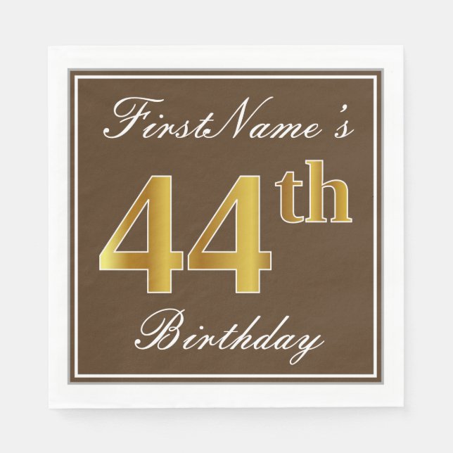 Servilleta De Papel Elegante Brown, Faux Gold 44th Birthday + Name (Anverso)