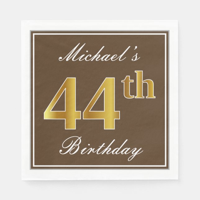 Servilleta De Papel Elegante Brown, Faux Gold 44th Birthday + Name (Anverso)