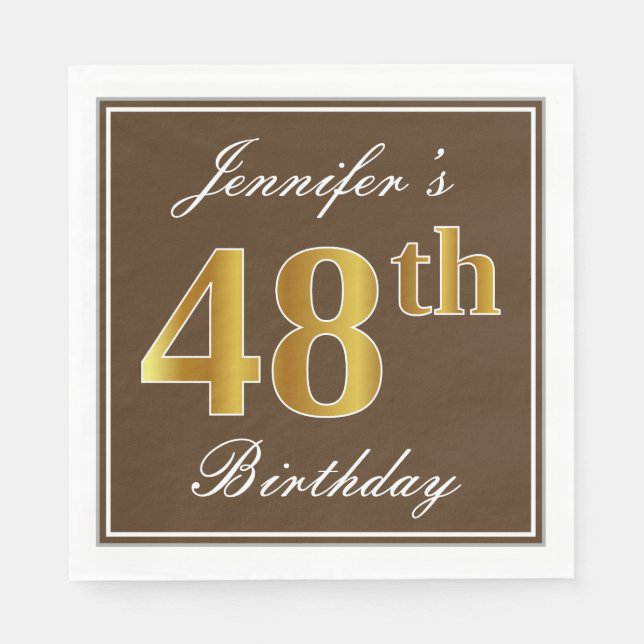 Servilleta De Papel Elegante Brown, Faux Gold 48th Birthday + Name (Anverso)