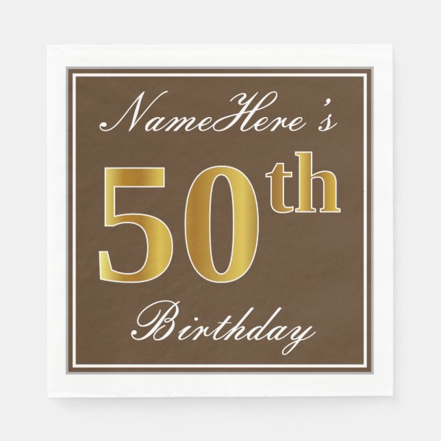 Servilleta De Papel Elegante Brown, Faux Gold 50 cumpleaños + nombre (Anverso)
