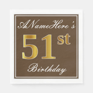 Servilleta De Papel Elegante Brown, Faux Gold 51st Birthday + Nombre