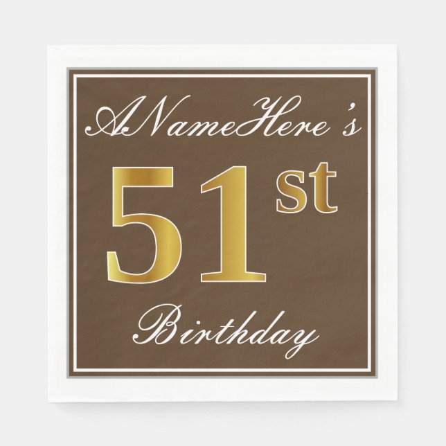 Servilleta De Papel Elegante Brown, Faux Gold 51st Birthday + Nombre (Anverso)
