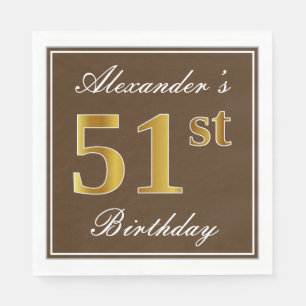 Servilleta De Papel Elegante Brown, Faux Gold 51st Birthday + Nombre