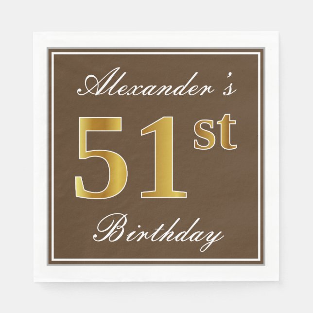 Servilleta De Papel Elegante Brown, Faux Gold 51st Birthday + Nombre (Anverso)