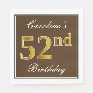 Servilleta De Papel Elegante Brown, Faux Gold 52nd Birthday + Nombre
