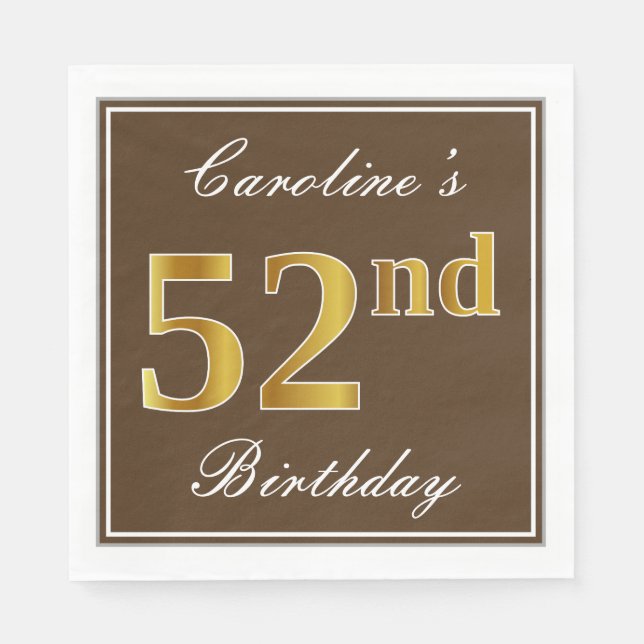 Servilleta De Papel Elegante Brown, Faux Gold 52nd Birthday + Nombre (Anverso)