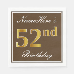 Servilleta De Papel Elegante Brown, Faux Gold 52nd Birthday + Nombre