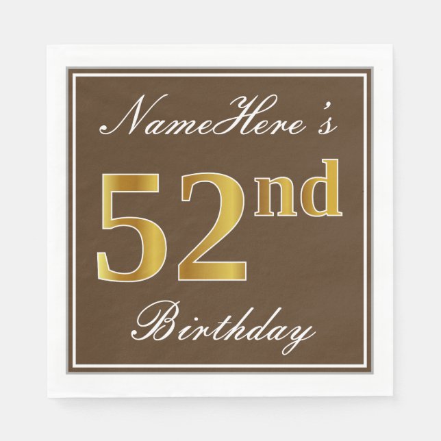 Servilleta De Papel Elegante Brown, Faux Gold 52nd Birthday + Nombre (Anverso)