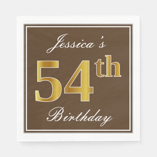 Servilleta De Papel Elegante Brown, Faux Gold 54th Birthday + Nombre (Anverso)