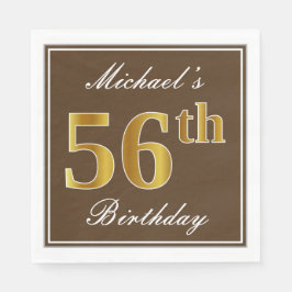 Servilleta De Papel Elegante Brown, Faux Gold 56th Birthday + Name