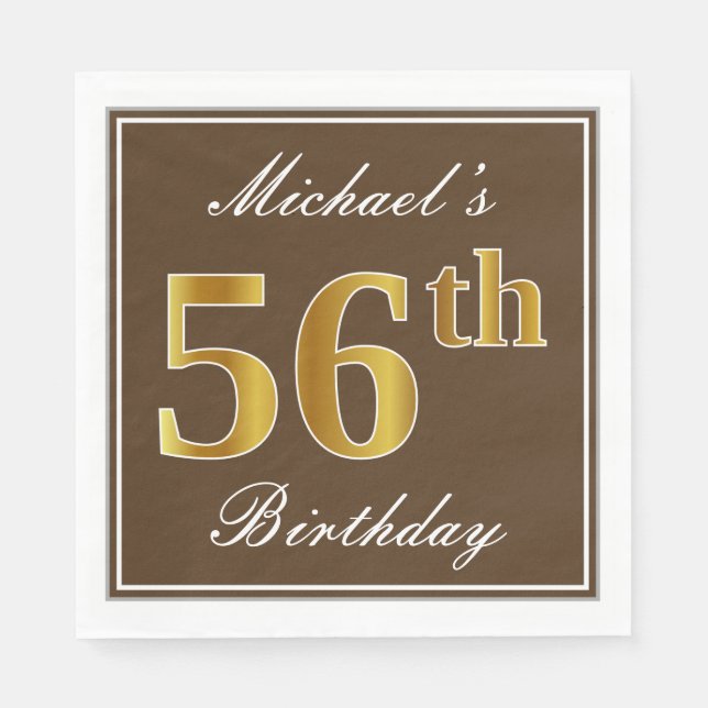 Servilleta De Papel Elegante Brown, Faux Gold 56th Birthday + Name (Anverso)