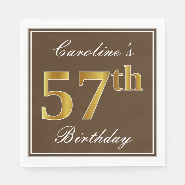 Servilleta De Papel Elegante Brown, Faux Gold 57th Birthday + Name (Anverso)