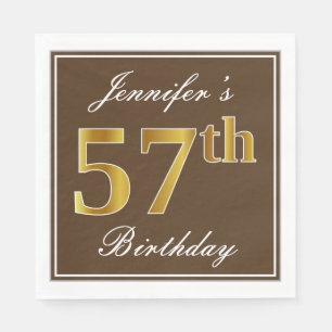 Servilleta De Papel Elegante Brown, Faux Gold 57th Birthday + Name