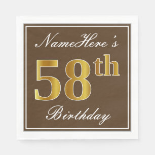 Servilleta De Papel Elegante Brown, Faux Gold 58th Birthday + Nombre