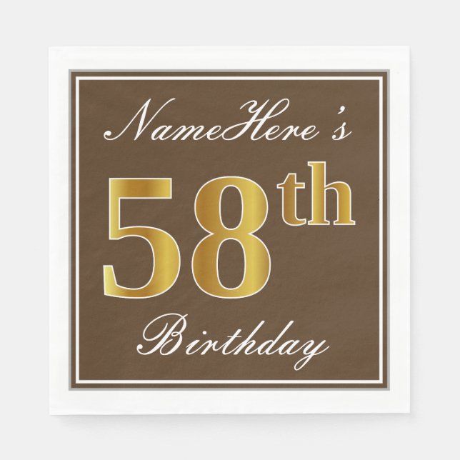 Servilleta De Papel Elegante Brown, Faux Gold 58th Birthday + Nombre (Anverso)
