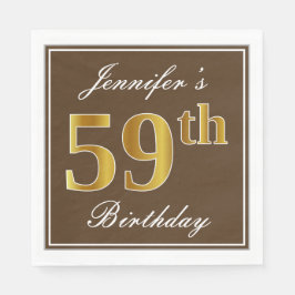 Servilleta De Papel Elegante Brown, Faux Gold 59th Birthday + Name