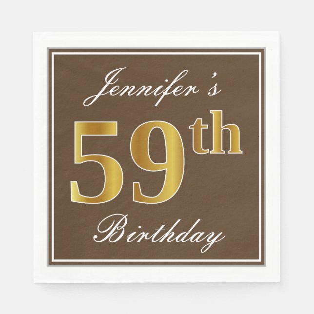 Servilleta De Papel Elegante Brown, Faux Gold 59th Birthday + Name (Anverso)