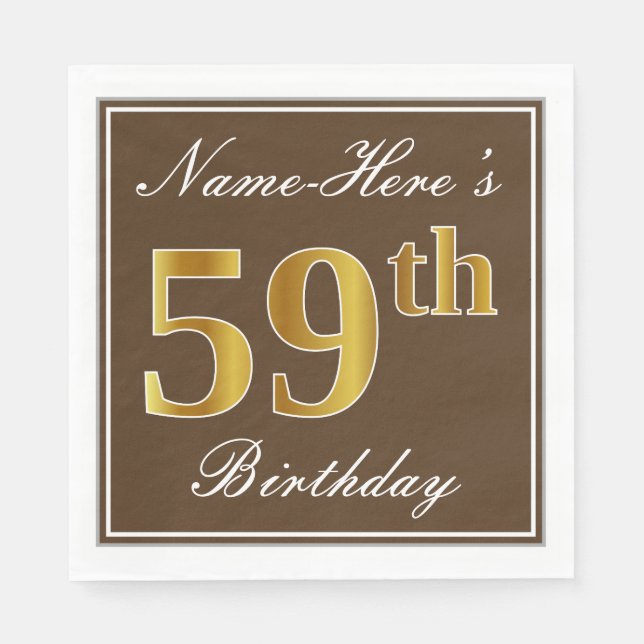 Servilleta De Papel Elegante Brown, Faux Gold 59th Birthday + Name (Anverso)