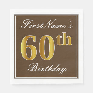 Servilleta De Papel Elegante Brown, Faux Gold 60 cumpleaños + nombre