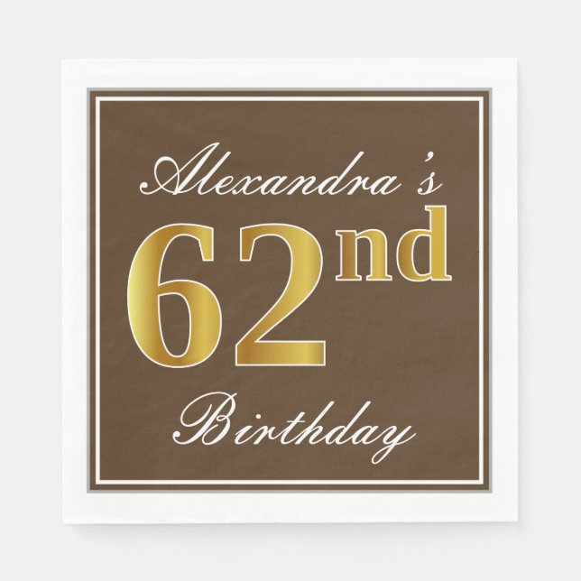 Servilleta De Papel Elegante Brown, Faux Gold 62nd Birthday + Nombre (Anverso)