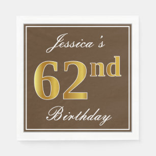 Servilleta De Papel Elegante Brown, Faux Gold 62nd Birthday + Nombre