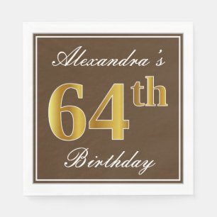 Servilleta De Papel Elegante Brown, Faux Gold 64th Birthday + Nombre