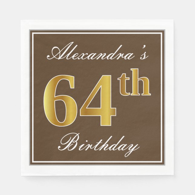 Servilleta De Papel Elegante Brown, Faux Gold 64th Birthday + Nombre (Anverso)