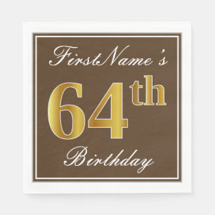 Servilleta De Papel Elegante Brown, Faux Gold 64th Birthday + Nombre