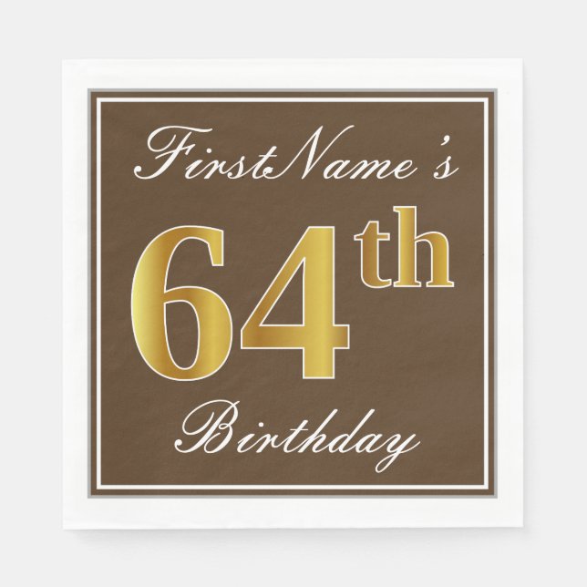 Servilleta De Papel Elegante Brown, Faux Gold 64th Birthday + Nombre (Anverso)