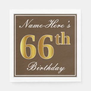 Servilleta De Papel Elegante Brown, Faux Gold 66th Birthday + Name
