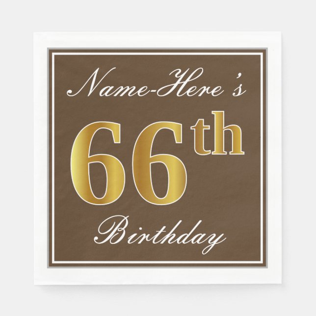 Servilleta De Papel Elegante Brown, Faux Gold 66th Birthday + Name (Anverso)