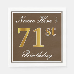 Servilleta De Papel Elegante Brown, Faux Gold 71st Birthday + Nombre